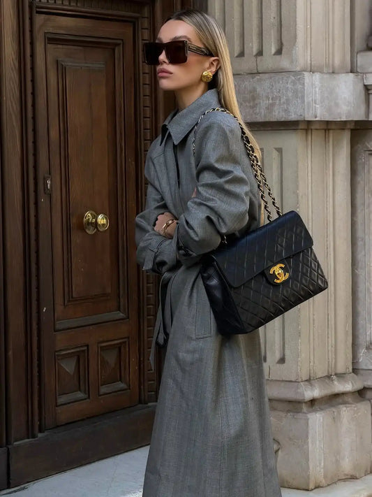 Grey Belted Waist Long Trench Jackets Women Single-breasted Lapel Coats 2026
