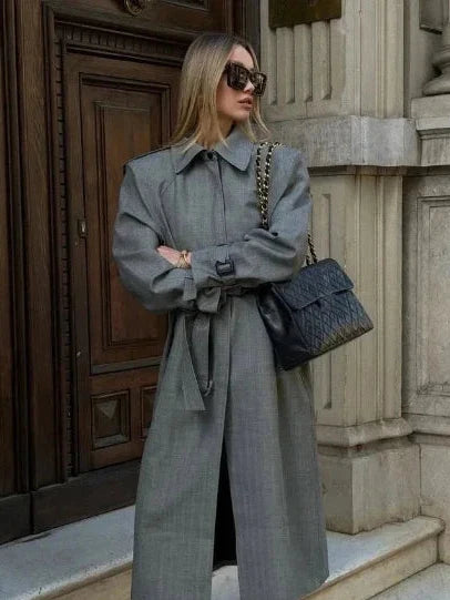 Grey Belted Waist Long Trench Jackets Women Single-breasted Lapel Coats 2026